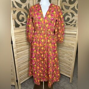 Millie Resort & Travel Floral Bubble Sleeve MIDI Dress Size Small